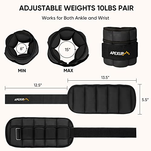 APEXUP 10lbs/Pair Adjustable Ankle Weights for Women and Men, Modularized Leg Weight Straps for Yoga, Walking, Running, Aerobics, Gym (Black)