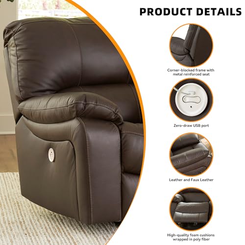 Signature Design by Ashley Leesworth Contemporary Leather Match Power Rocker Recliner with USB Ports, Dark Brown