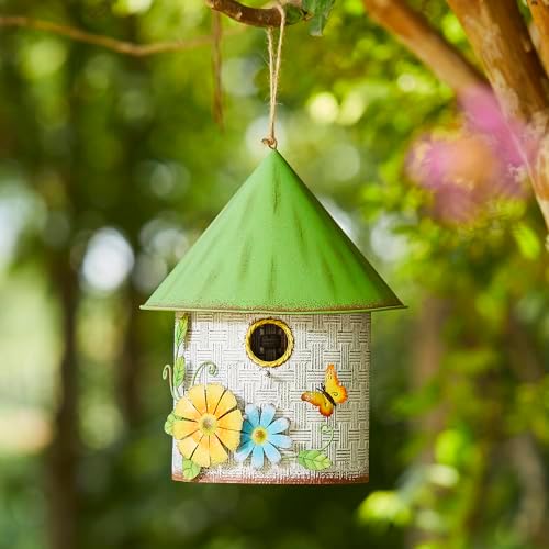 Glitzhome 11" H Distressed Metal Cottage Decorative Birdhouse with a Cluster of 3D Flowers and Butterfly Hanging Bird House for Garden Patio Backyard