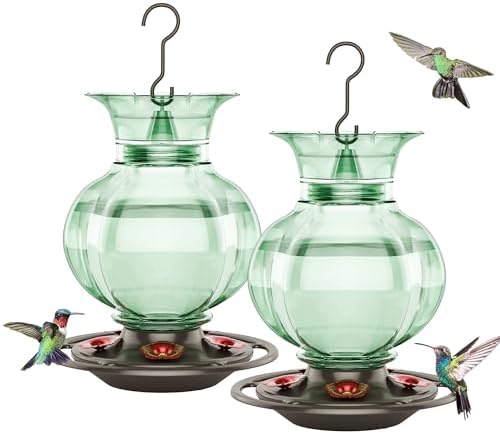 Auslar Hummingbird Feeder, Green Glass Hummingbird Feeder for Outdoors Hanging with Ant Moat, 5 Simulation Flowers Feeding Ports, 23 Ounces, Rustproof, Fade Proof, Pomegranate Shape, 2 Pack