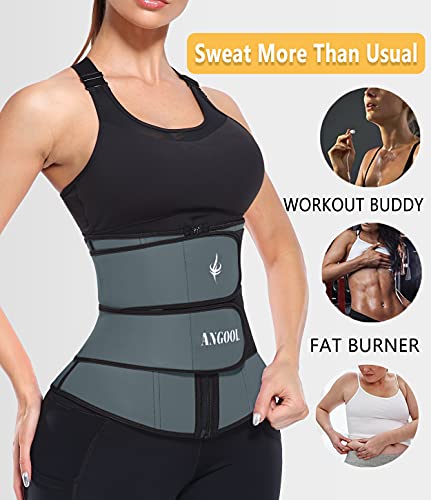 ANGOOL Neopren Waist Trainer For Women,Workout Plus Size Trimmer Belt Sauna Sweat Corset Cincher With Zipper S Gray-Dark