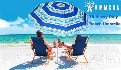 AMMSUN 7ft Heavy Duty Windproof Portable Beach Umbrella with Sand Anchor Vent Adjustable Height with Tilt Aluminum Pole, Portable UV 50+ Protection Carry Bag for Patio Garden Beach Pool Backyard
