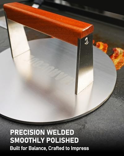 Smash Burger Press, 3.8-Lb Burger Smasher, 9-Inch Bacon Press for Batch Cooking, Stainless Steel, Easy to Clean and Seasoning Free, Heatable for Searing Panini, Steak, Chicken, Fish, Round