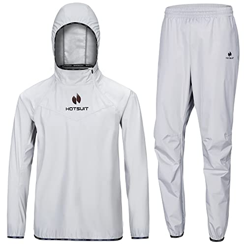HOTSUIT Sauna Suit for Men Sweat Sauna Jacket Pant Gym Workout Sweat Suits, Light Gray, M