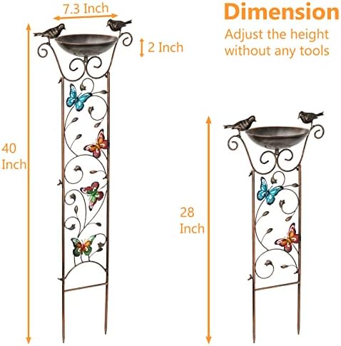 Bird Bath with Trellis Outdoor, Antique Garden Iron Trellis with Decorative Butterflies Detachable Bird Bowl Metal Potted Plants Support for Climbing Flowers