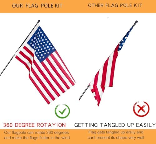 American Flag Pole Kit for House Outside - Black Metal Flagpole 6 FT with Tangle Free Design - 3x5 Embroidered US Flag, Holder Bracket, Ultra Durable Steel for Porch, Tree and More Residential