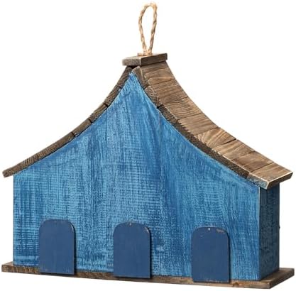 Glitzhome Bird Houses for Outside, 15" L Oversized Distressed Solid Wood Birdhouse with 3D Flowers Rustic Three-Story Villa Decorative Hand-Painted Hanging Bird Houses for Outdoors,Washed Blue