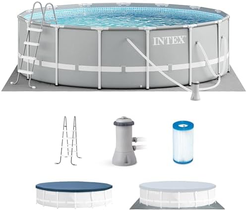 Intex 26725EH Prism Frame Premium Above Ground Swimming Pool Set: 15ft x 48in – Includes 1000 GPH Cartridge Filter Pump – Removable Ladder – Pool Cover – Ground Cloth