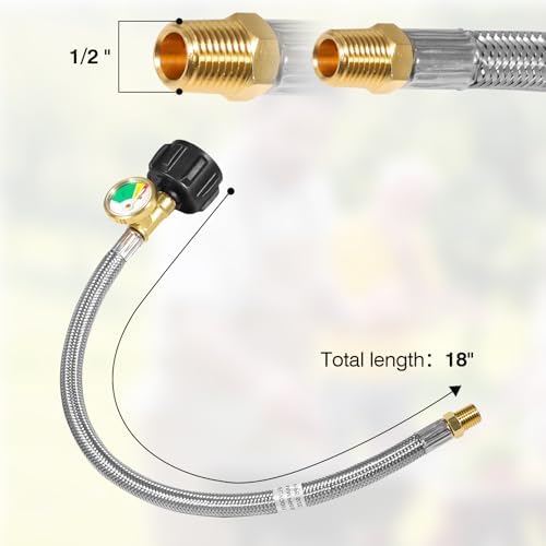 18 Inch RV Propane Hose with Gauge - Camper Tank Hose Replacement Stainless Steel Braided, Rv lp Gas Hoses Connector for Standard Two-Stage Regulator - 1/4 Male NPT x QCC1, 350 PSI (2 Pack)