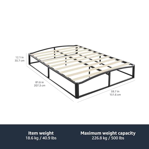 Amazon Basics Metal Platform Bed Frame with Wood Slat Support, 10 Inches High, Queen, Black