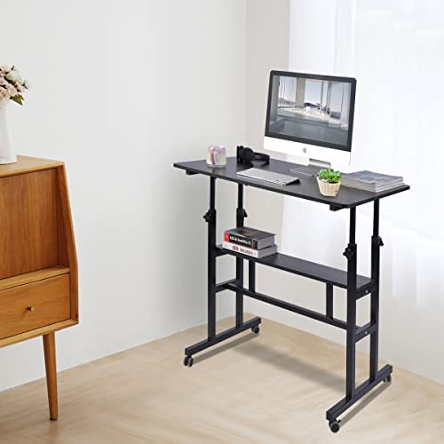 AIZ Mobile Standing Desk, Adjustable Computer Desk with Rolling Wheels, Home Office Double-Layer Computer Workstation with USB Ports and Outlets, Portable Laptop Table for Standing or Sitting, Black
