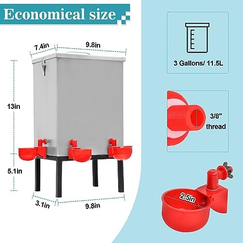 3 Gallons Chicken Waterer,Stainless Steels Automatic Chicken Waterer with Latch and Bottom Bracket，Poultry Watering 4 Water Cups Chicken Feeder Waterer and 4 Horizontal Automatic Chicken Nipples