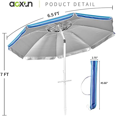 Aoxun Beach Umbrella with Tilt Pole, Portable Sand Anchor and Carry Bag, UPF 50+ Sun Shelter Air Vents Design for Outdoor Activities (Navy Blue & White), 6.5ft