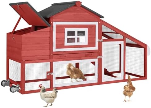Aivituvin Chicken Coop Outdoor with Wheels, Mobile Hen House Wooden Poultry Cage with Run & Waterproof Roof (Red with White)