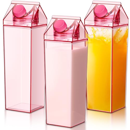 Remerry 3 Pcs 34oz Milk Carton Water Bottle Square Milk Bottle Plastic Coffee Milk Carton Bottle Portable Reusable Milk Carton Cup Leakproof Carton Shaped Juice Bottle (Pink)