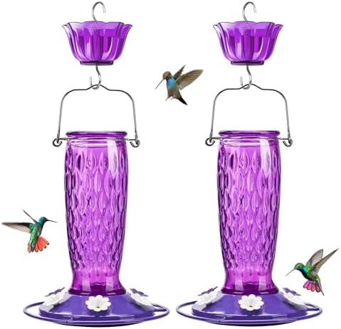 Kingsyard 2 Pack Glass Hummingbird Feeders for Outdoors Hanging, Wild Bird Nectar Feeder with 6 Feeding Ports, 24 oz Leak-Proof, Purple (Ant Moat Included)