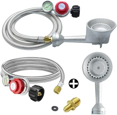 High Pressure Cast-Iron Round Burner Head 0-30PSI Adjustable Pressure Propane Regulator with Hose and Brass Fitting Propane Burner Head with 5FT Stainless Braided Hose for Turkey Fryer Burners