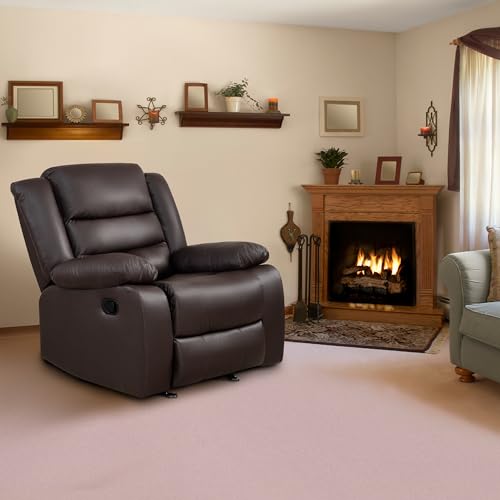PrimeZone Oversized Rocker Recliner Chair - Comfy Wide Lazy Boy Recliner Chair with Overstuffed Armrest, Faux Leather Manual Reclining Chairs for Living Room, Bedroom, Home Theater Seating, Brown