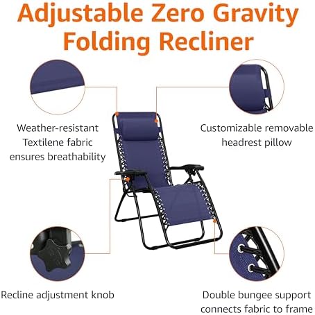 Amazon Basics Outdoor Patio Zero Gravity Lounge Chair with Pillow, Folding Reclining and Textilene Adjustable, Folding Lounge Lawn Chairs for Outside, 26", Blue