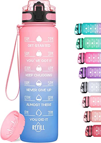 MEITAGIE 32oz Motivational Water Bottle with Time Marker & Fruit Strainer, Leak-proof BPA Free Non-Toxic Bottle with Carrying Strap, Perfect for Fitness, Gym and Outdoor Sports