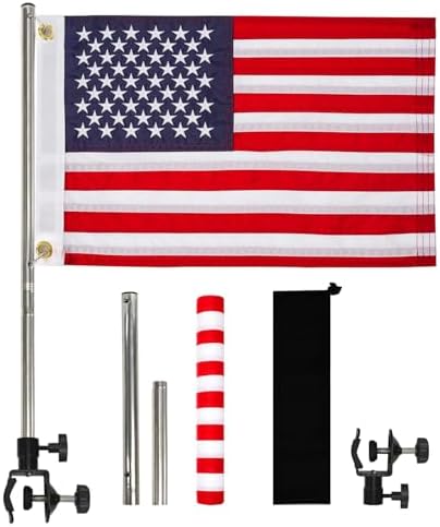 American Boat Flag Pole Kits Marine 12"x18", Stainless Steel Boat Flag Pole with 1x Storage Bag, Adjustable Flagpole Holder with 50 Embroidered Stars American Flag Boat Accessories