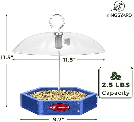 Kingsyard Platform Bird Feeder for Outdoor Hanging - Rugged Recycled Plastic Wild Bird Feeding Station with Adjustable Dome & Metal Mesh Tray, Blue