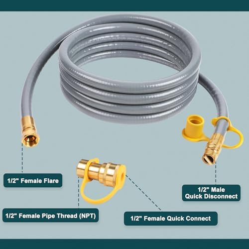 GASPRO 12 Feet 1/2" ID Natural Gas Hose, Low Pressure LPG Hose with Quick Connect, for Weber, Char-broil, Pizza Oven, Patio Heater and More