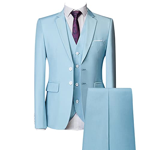Casual 2 Button Suits for Men Slim Fit Notched Lapel Business Sets Solid Color Wedding Formal Jacket Vest Pants (Light Blue,Medium)
