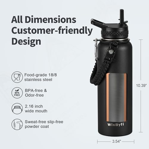 WixByti 40 oz Insulated Water Bottle with Straw (Cold for 48 Hrs), Stainless Steel Triple Wall Vacuum Sports Water Jug, Leakproof Hydro Cup Flask with Paracord Handle & Straw Spout Lids & DIY Stickers