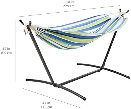 Amazon Basics Double Hammock with 9-Foot Space Saving Steel Stand and Carrying Case, 450 lb Capacity, Oasis Stripe, 110 x 47 x 43 inches