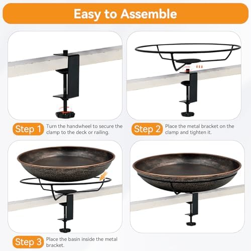 Deck Mounted Bird Bath, Easy to Clean12 Detachable Bath Bowl, Metal Birdbath for Outside with Sturdy Adjustable Clamp for Railing Balcony Fence Outdoor Decor 0.7 Gallon