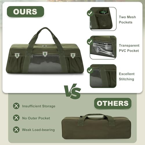 Grill Tool Storage Bag, Outdoor BBQ Utensil Holder for Barbecue Tool up to 20", Large Grill Utensil Storage Caddy with Pockets, BBQ Accessories Case Container for Camping, Bag Only, Green