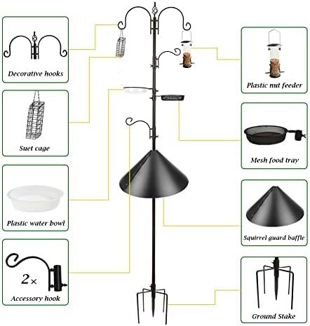 Deluxe Bird Feeding Station Kit - Wild Bird Feeder Hanging Pole With Multi Feeder, Suet Cage, Planter Hanger, and Squirrel Guard Baffle for Attracting Birds