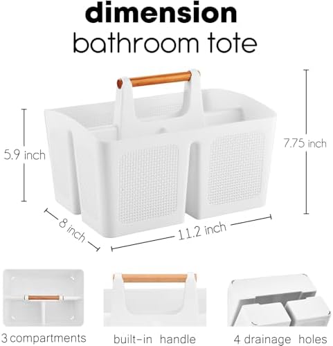 ALINK Portable Shower Caddy Basket with Compartments, Plastic Divided Cleaning Caddy Organizer Storage Tote with Handle for Bathroom, College, Dorm Room Essentials, White