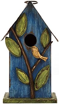 Glitzhome 9.7" H Hanging Bird House for Outdoor Patio Garden Decorative Pet Cottage Distressed Wooden Birdhouse, Blue Leaves
