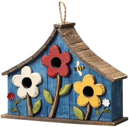 Glitzhome Bird Houses for Outside, 15" L Oversized Distressed Solid Wood Birdhouse with 3D Flowers Rustic Three-Story Villa Decorative Hand-Painted Hanging Bird Houses for Outdoors,Washed Blue