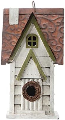 Glitzhome 12" H Washed White Distressed Solid Wood Cottage Birdhouse Hanging Bird House for Outdoors