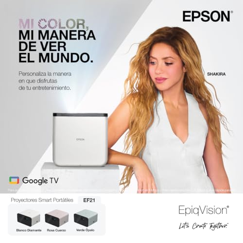 Epson EpiqVision Mini EF21 Portable Smart Laser Projector, Bright 1,000 Lumens, FHD 1080p HDR, 3-Chip 3LCD, Google TV, Netflix, Stereo Speakers, Family Party/Outdoor Backyard/Home Theater - White