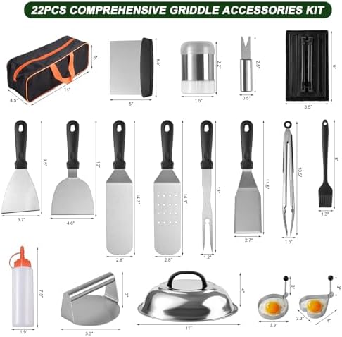 22PCS Blackstone Griddle Accessories, Flat Top Grill Accessories for Blackstone and Camp Chef, Griddle Spatula Set with Metal Spatula, Enlarged Spatulas, Basting Cover, Scraper for Outdoor Barbecue