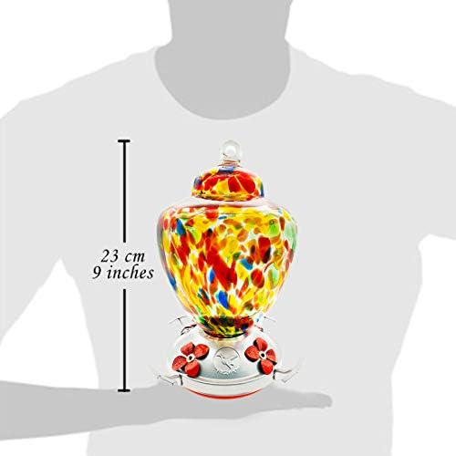 REZIPO Hummingbird Feeder with Perch - Hand Blown Glass - Colored - 38 Fluid Ounces Hummingbird Nectar Capacity Include Hanging Wires and Moat Hook
