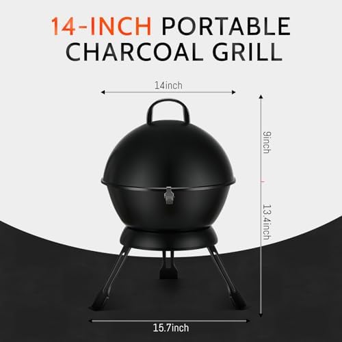 MBY 14 inch Portable Barbecue Grill with Dual Venting System, Small Foldable Charcoal Grill with Warming Rack for Picnic, Camping, Backyard-Black
