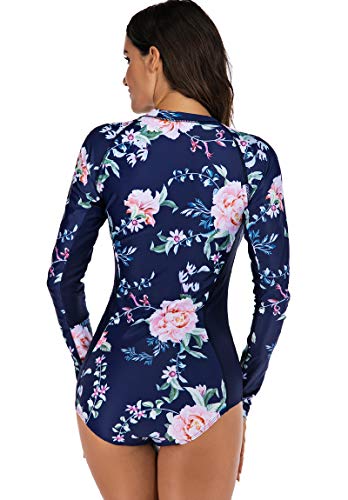 Akaeys Women's Long Sleeve Zip Front Swimwear UV Protection Printed Surfing Swimsuit One Piece Rashguard Navy-Floral
