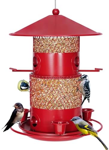 VECELO Bird Feeders for Outdoors - Hanging, Large Capacity, 4 Water Cups & 6 Feeding Ports with Perch, Metal, Easy to Clean, Attracts Wild Birds