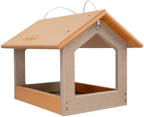 Amish USA Made Recycled Plastic Large Hanging Modern Fly Through Covered Roof Open Platform Tray Bird Feeder for Outdoors, Garden, Yard (Cedar & Weatherwood)