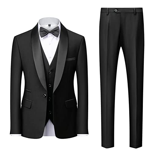 Men's Wedding 3 Piece Suits Slimming One Button Shawl Lapel Business Blazer Formal Dinner Party Jacket Vest Pants (Black,Small)