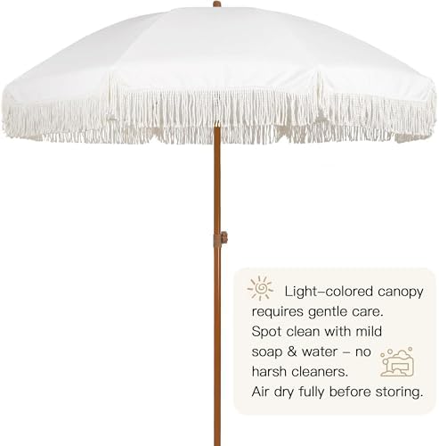 AMMSUN 7ft Patio Umbrella with Fringe Outdoor Tassel Umbrella UPF50+ Premium Steel Pole and Ribs Push Button Tilt, Cream White