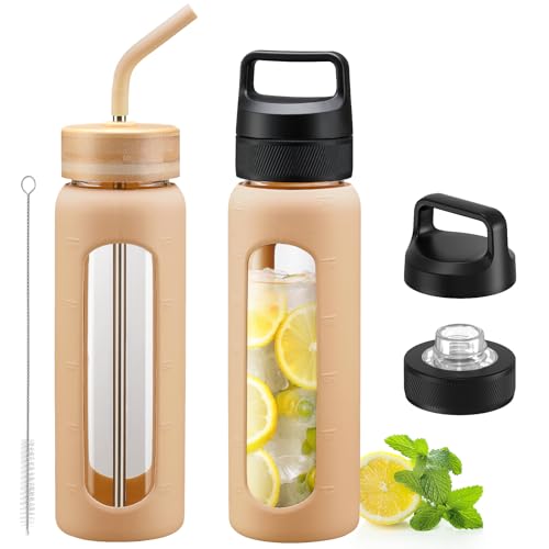 Kodrine 24 oz Glass Water Bottle with Straw, Clear Water Bottle Chug Lid and Bamboo Straw Lid, Borosilicate Glass Bottle 2 Lids Handle Top, Wide Mouth Water Bottle With Silicone Sleeve, Amber