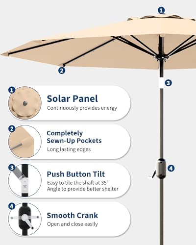 10 Ft Patio Umbrella with Solar Lights, 8 Ribs Outdoor Market Table Umbrella with 40 LED Lights & Tilt Crank for Pool, Deck, Backyard, Tan