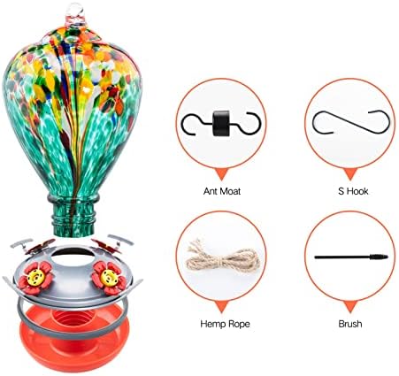 Muse Garden Hummingbird Feeders for Outdoors Hanging, Blown Glass Hummingbird Feeder, Gifts for Mom, Garden Decor for Outside, Unique Gifts Idea for Women, 34 Ounces, Turquoise Fireworks