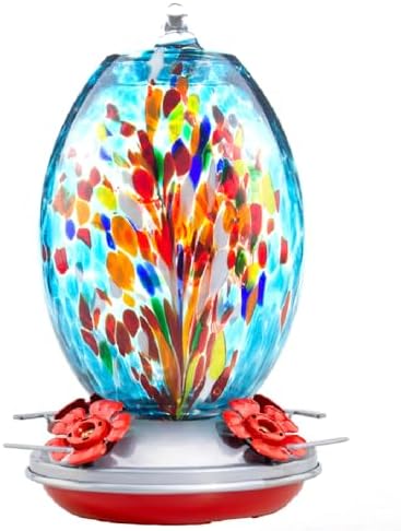Muse Garden Glass Humming Bird Feeders for Outdoors - 27OZ Blown Glass Hummingbird Feeder - Unique Gift for Mom Women, Outdoors Hanging Garden Decor, Includes Ant Moat & Brush, Blue Fireworks
